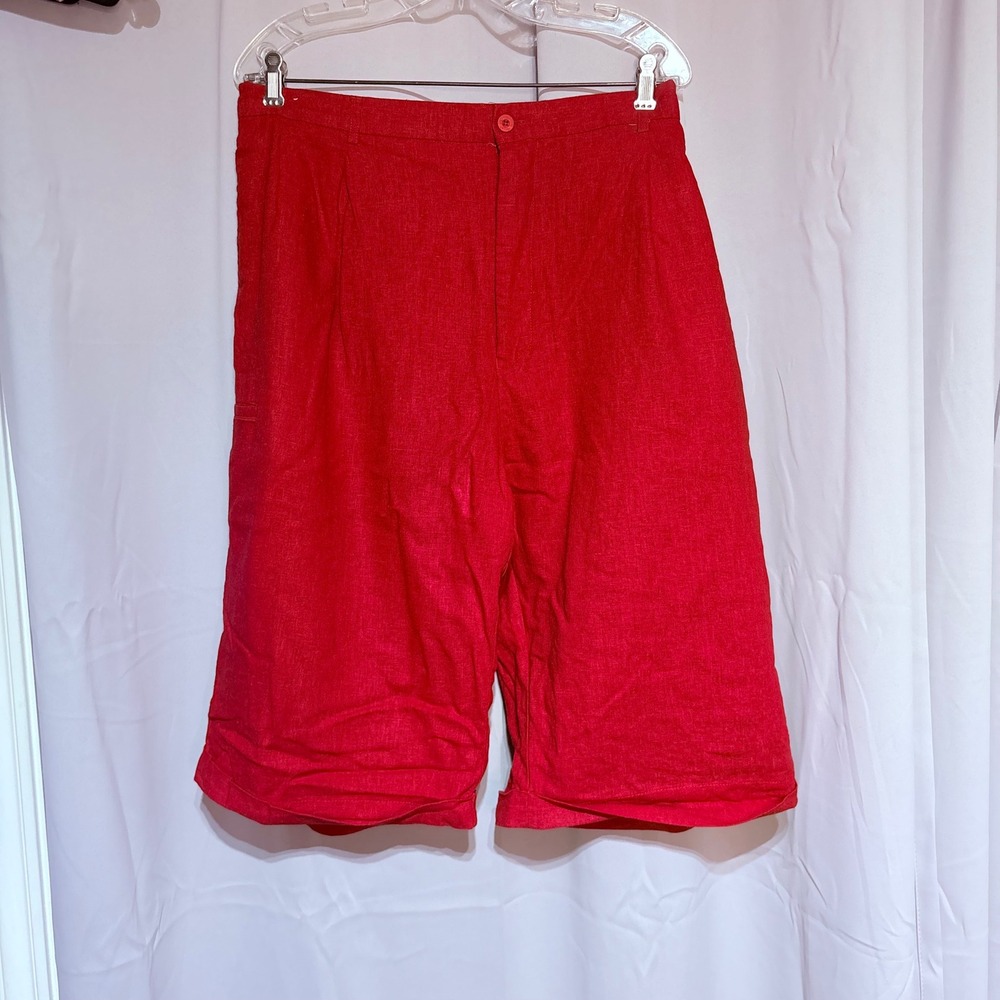 Trust USA Mens Red Linen Blend Pleated Shorts W44 High Rise Longline Casual